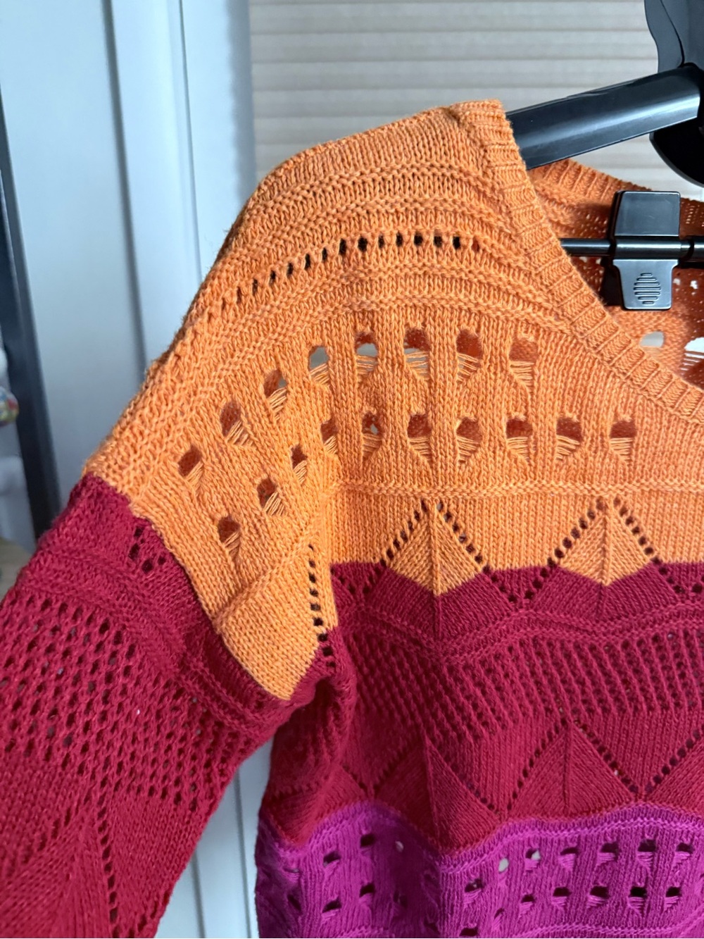 Open-Knit Colorblock Crewneck Sweater in Orange, Pink, Red & Brown Cottagecore - Picture 4 of 10